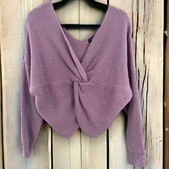 Women's Lavender Dusty Purple Cropped Off The Shoulder Twist Front Sweater - Picture 2 of 3